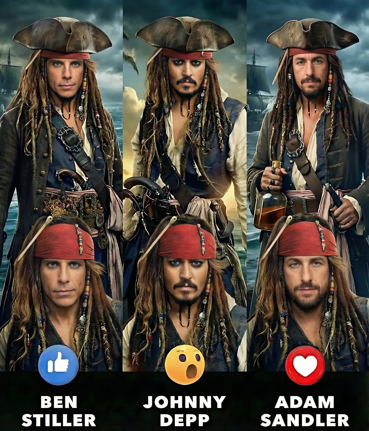 Viral Fan-Made AI Image: Ben Stiller, Johnny Depp, and Adam Sandler as Captain Jack Sparrow